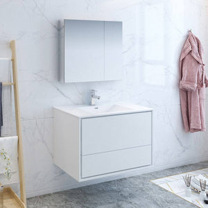 Fresca FVN9236WH Catania 36" Glossy White Wall Hung Modern Bathroom Vanity with Medicine Cabinet