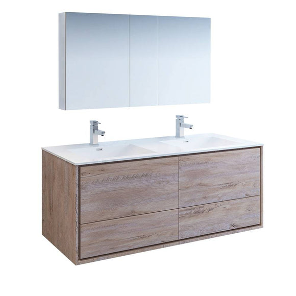 Fresca FVN9260RNW-D Catania 60" Rustic Natural Wood Wall Hung Double Sink Modern Bathroom Vanity with Medicine Cabinet