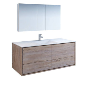 Fresca FVN9260RNW-S Catania 60" Rustic Natural Wood Wall Hung Single Sink Modern Bathroom Vanity with Medicine Cabinet