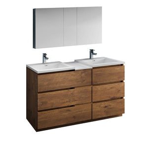 Fresca FVN93-241224RW-D Lazzaro 60" Rosewood Free Standing Double Sink Modern Bathroom Vanity with Medicine Cabinet