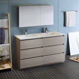 Fresca FVN93-3030MGO-D Lazzaro 60" Gray Wood Free Standing Double Sink Modern Bathroom Vanity with Medicine Cabinet