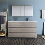 Fresca FVN93-3030MGO-D Lazzaro 60" Gray Wood Free Standing Double Sink Modern Bathroom Vanity with Medicine Cabinet