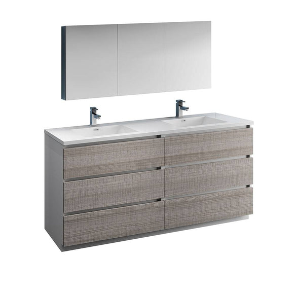 Fresca FVN93-3636HA-D Lazzaro 72" Ash Gray Free Standing Double Sink Modern Bathroom Vanity with Medicine Cabinet